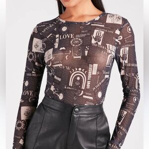 Windsor Celestial Y2K Newsprint Sheer Mesh Bodysuit Black Women’s Large